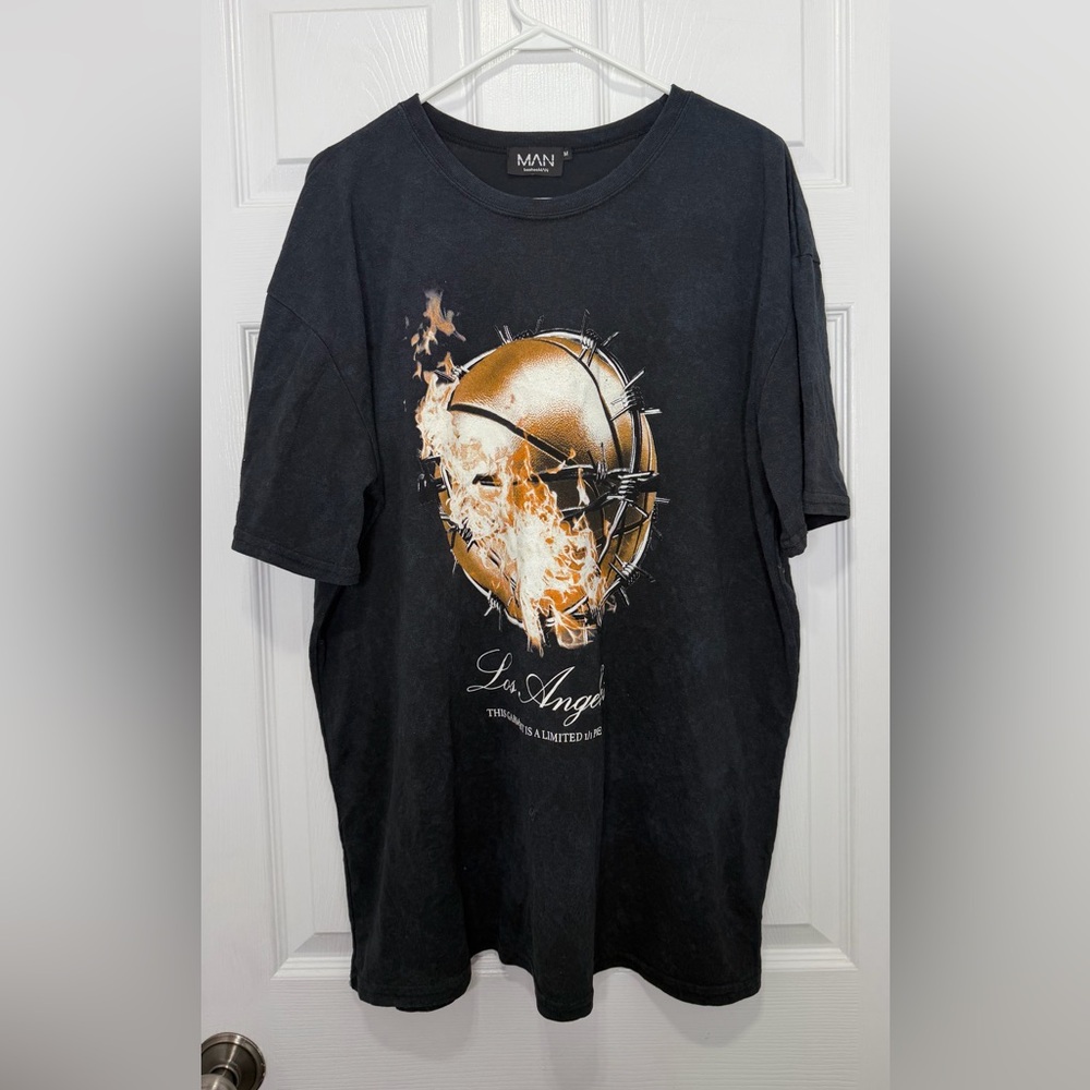 BoohooMan Black Tee with Gold Basketball Graphic - Size Medium